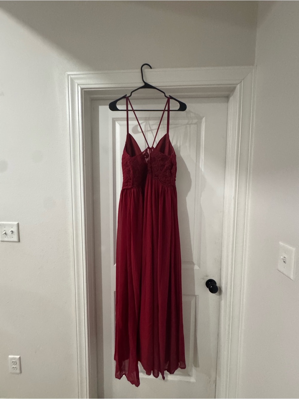 Azazie Burgundy Lace Chiffon Prom Dress with Crisscross Straps